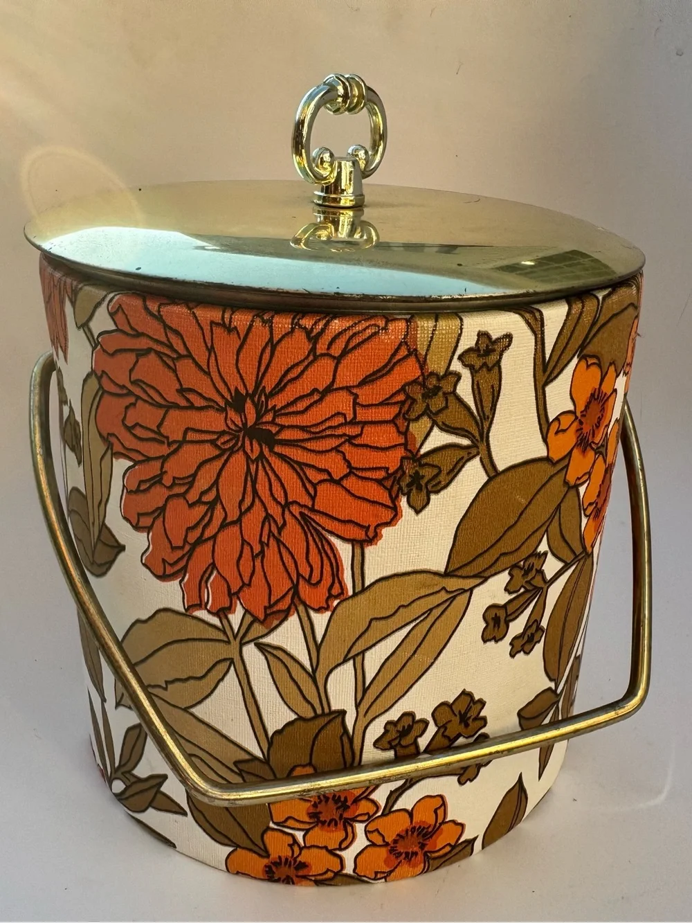 Vintage Floral Ice Bucket Gold Lid Handle Orange Flowers 60s 70s Botanical